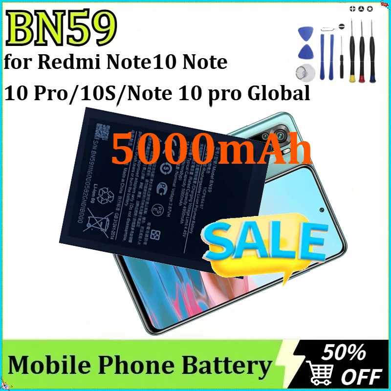 

For Redmi Note10 Note/10 Pro/10S/Note 10 Pro Newly Upgraded Mobile Phone Battery Global High Quality BN59 5000mAh + Tools