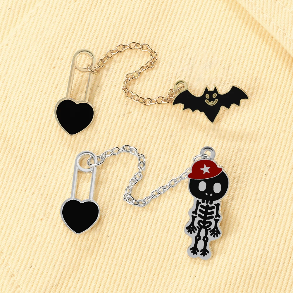 New Punk Style Black Bat Heart Shape Long Chain Brooch Set Women Men Cool Skeleton Enamel Pin Charm Lapel Pin Badges Jewelry