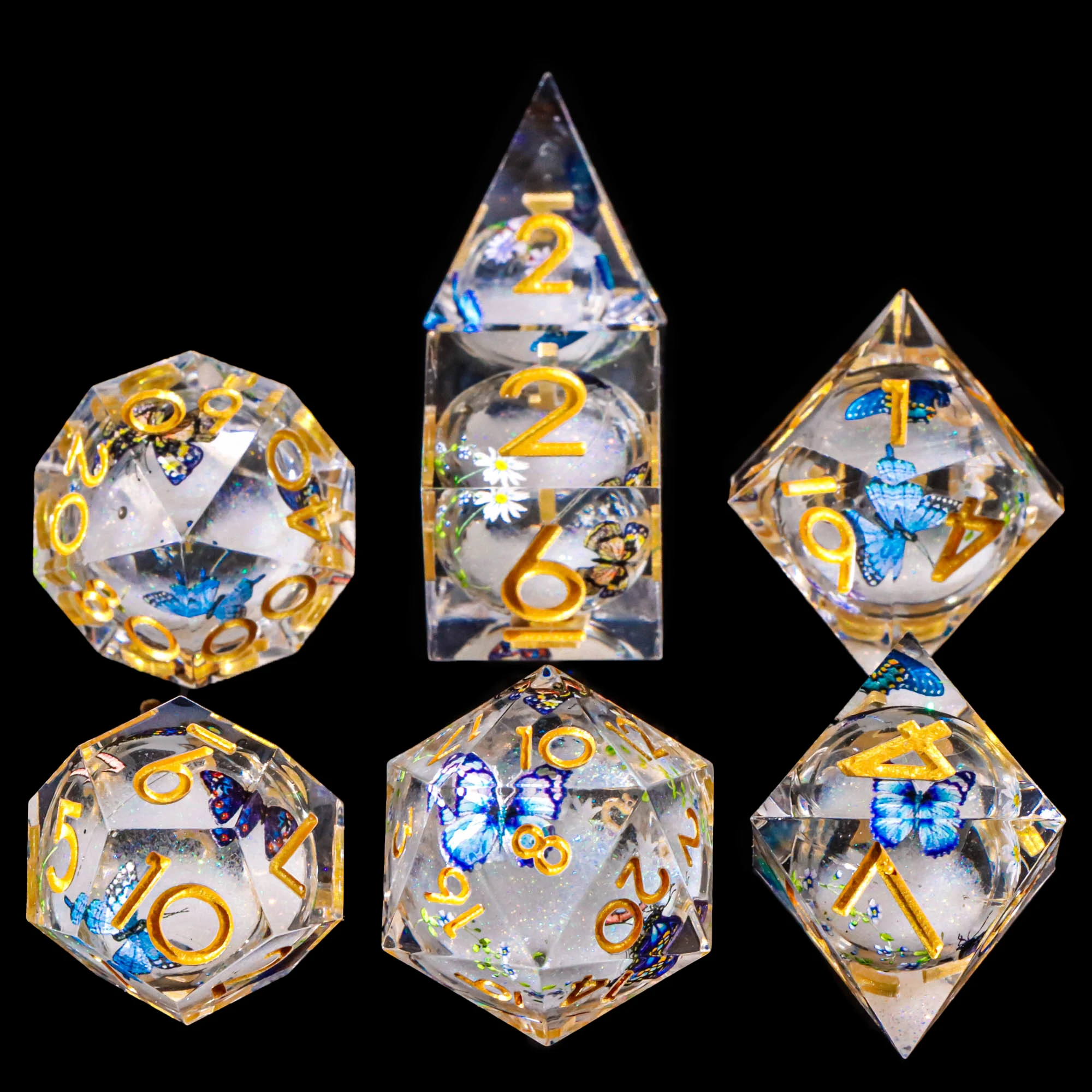 

Набор кубиков Butterfly DND с розовым жидким сердечником, многогранные игральные кости D и D ручной работы с острыми краями для использования с D&D ролевой игрой