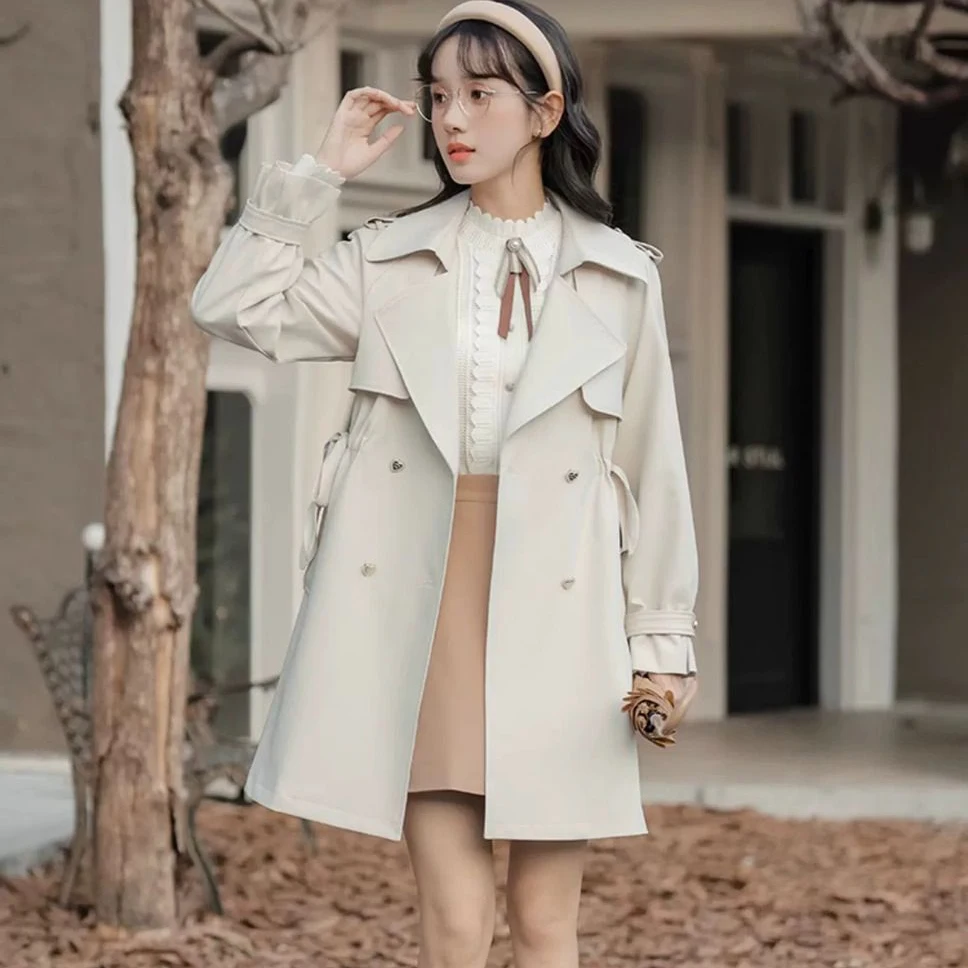 

Стильная повседневная ветровка-пальто женская, весна 2026, новая корейская свободная удлиненная модель с кружевом, двубортный тренчкот