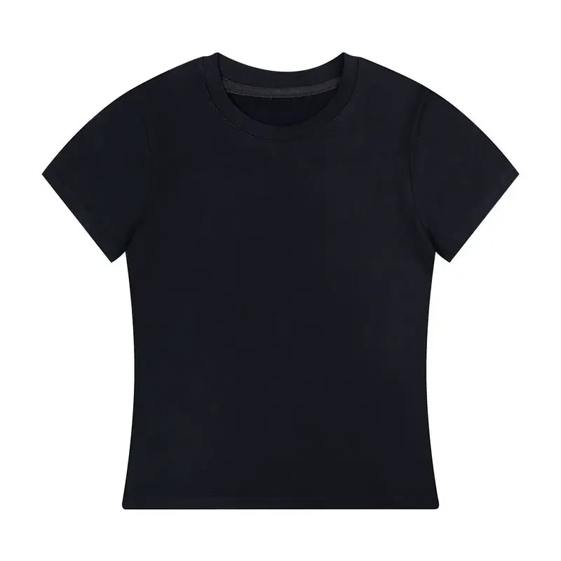 2024 New Women American Casual Set in Shoulder Short Sleeve Tee Korean Slim Fit Crew Neck Soft Ribbed Cotton Bm Basic Base Top