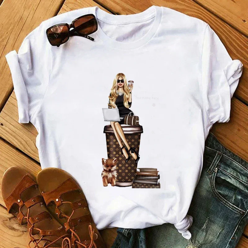 Summer Fashion White Printed T-Shirt Curly Hair Girl Print Knitted Slightly Stretchy Cropped T-Shirt