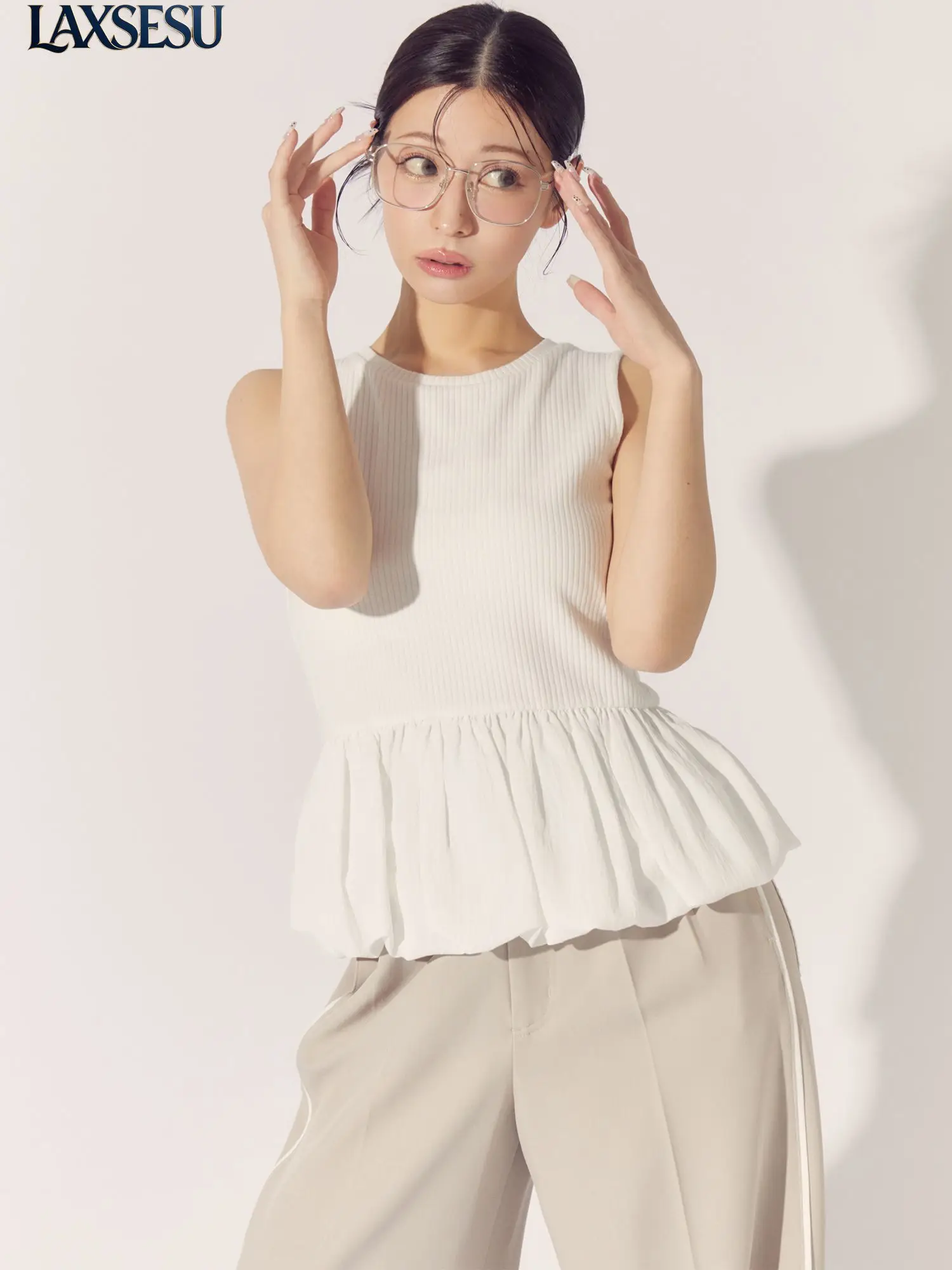 Japanese Summer 2026 New Sweet and Lady Tank Top Versatile Women's Tops with Bubble Hem Sleeveless Top Solid Color for Women