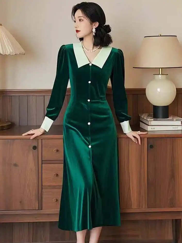 

Оливковое бархатное длинное платье для женщин, осенне-зимнее, утепленное, белое, приталенное, с французскими пуговицами, А-силуэт, юбка