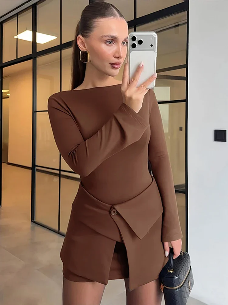 

Fmxires Elegant Long Sleeve Dress For Women 2026 Asymmetric Slim Short Sheath Dress Party High Waist Skirt And Casual Dress Sets