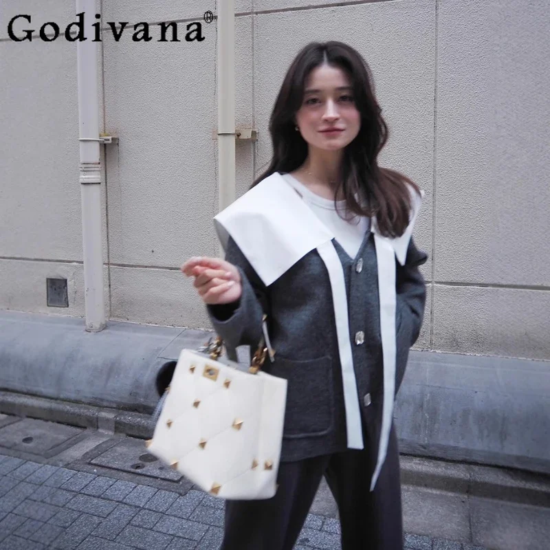 Japanese Sweet Turn-Down Collar Knit Cardigan Spring Autumn New Women's Daily Loose Slim Fashion Casual Versatile Knit Jackets