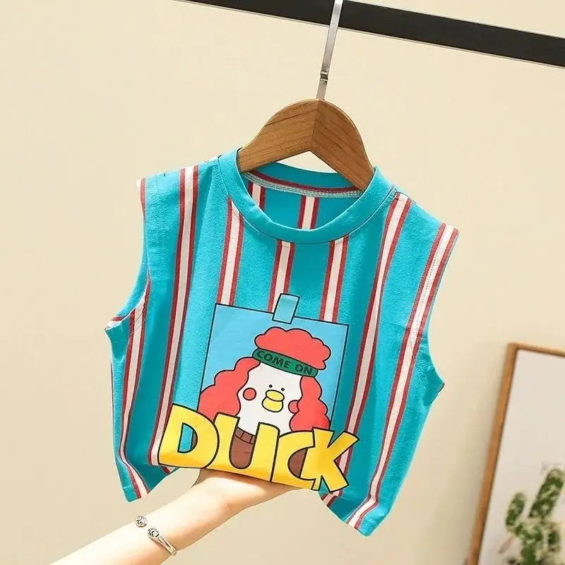 

Summer Casual Printed Striped Sleeveless T-shirt for Boys and Girls New Children's Baby Top