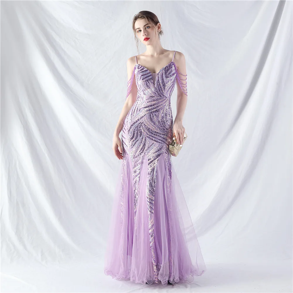 Light Lavender Mermaid Long 2024 Evening Dress High Quality Sequined Tulle Special Occasion Gwons For Prom Dropshipping