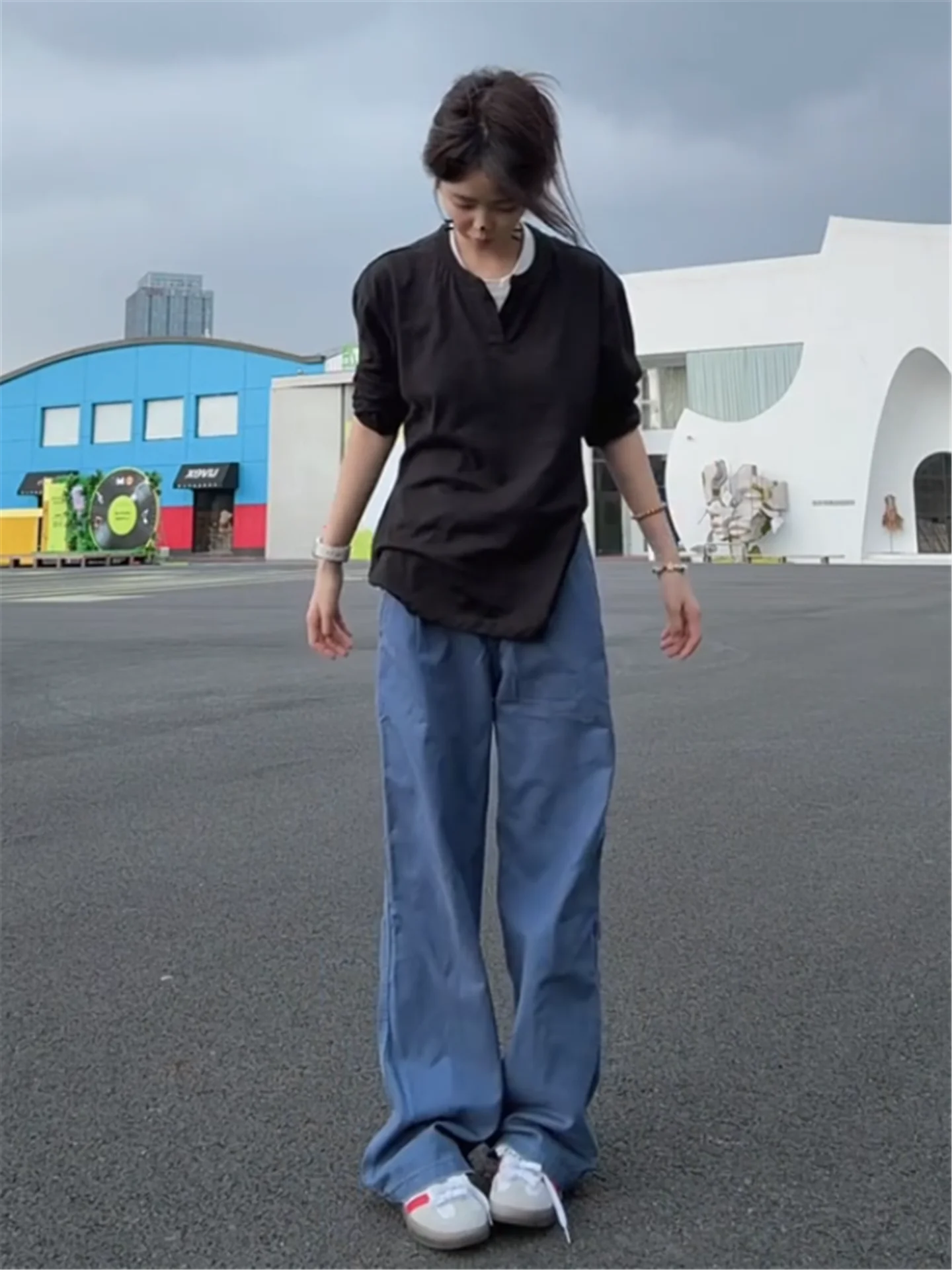 

Loose Fit Street Style Denim Jeans Women's Spring Autumn Casual Wide Leg Pants Drawstring Design Comfortable Cotton Workwear