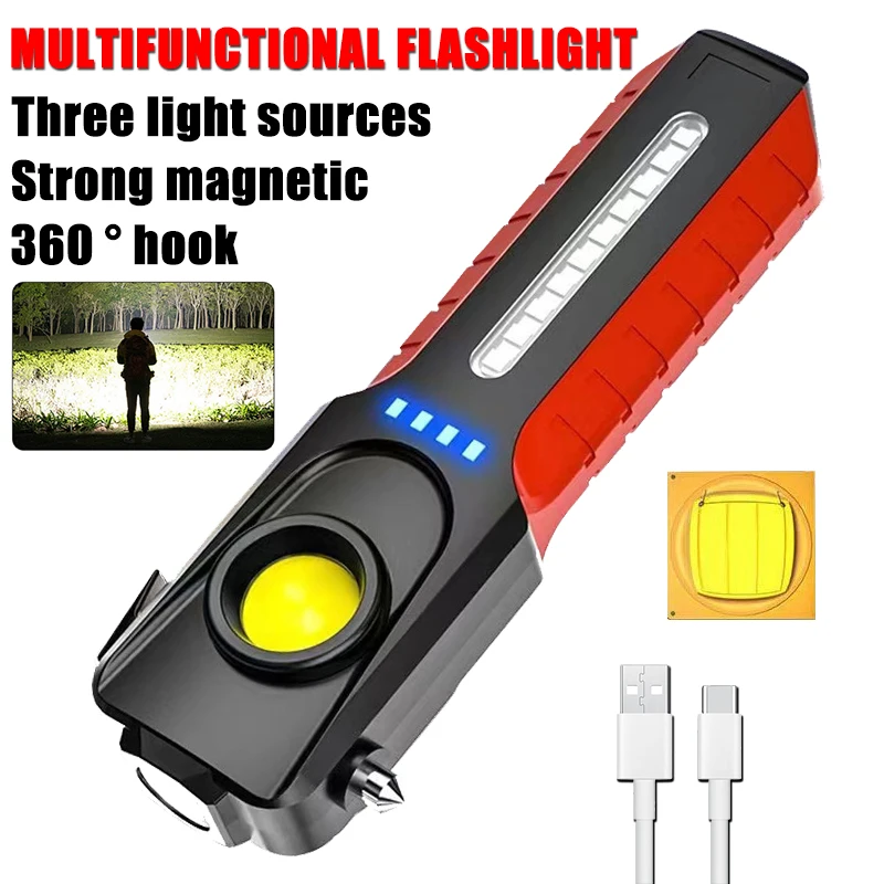 Multifunctional Super Bright LED Flashlight With Side Light USB Rechargeable Outdoor Portable Magnetic Torch Lamp Safety Hammer