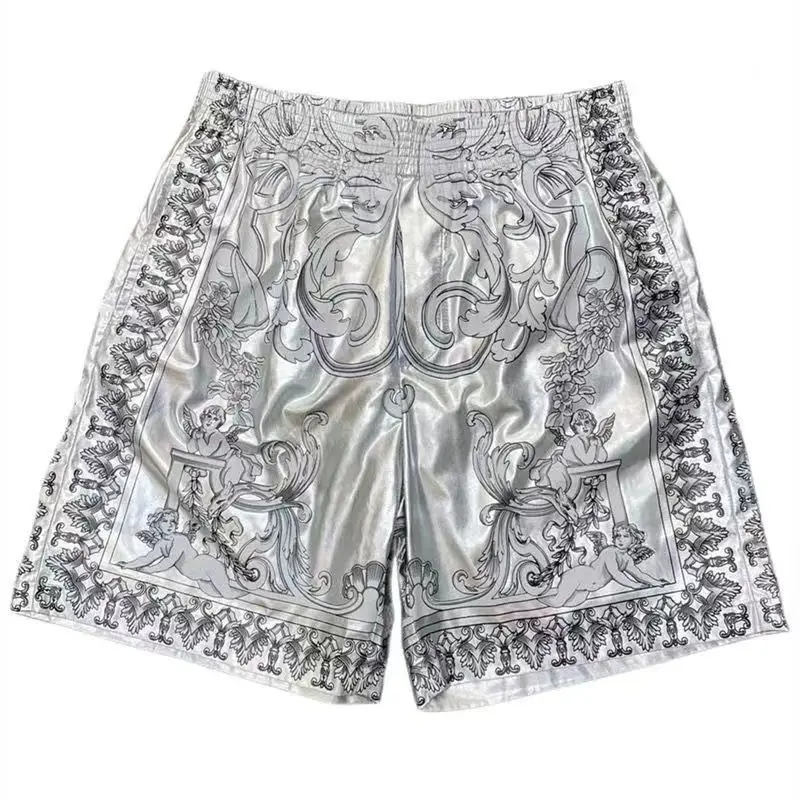 Pantalones de playa para hombre, Shorts informales elásticos, de secado rápido, con estampado de patrón de moda de Metal plateado, novedad de verano