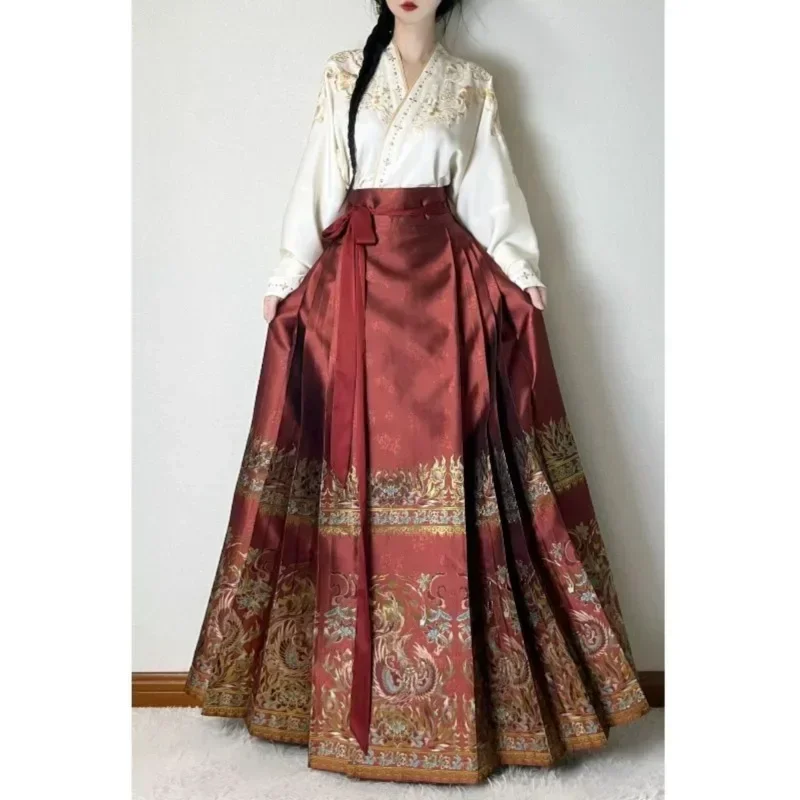 

Traditional Chinese Hanfu Beige V Neck Top Red Phoenix Horse Face Skirt Women Vintage Wedding Evening Dress Christmas Costumes