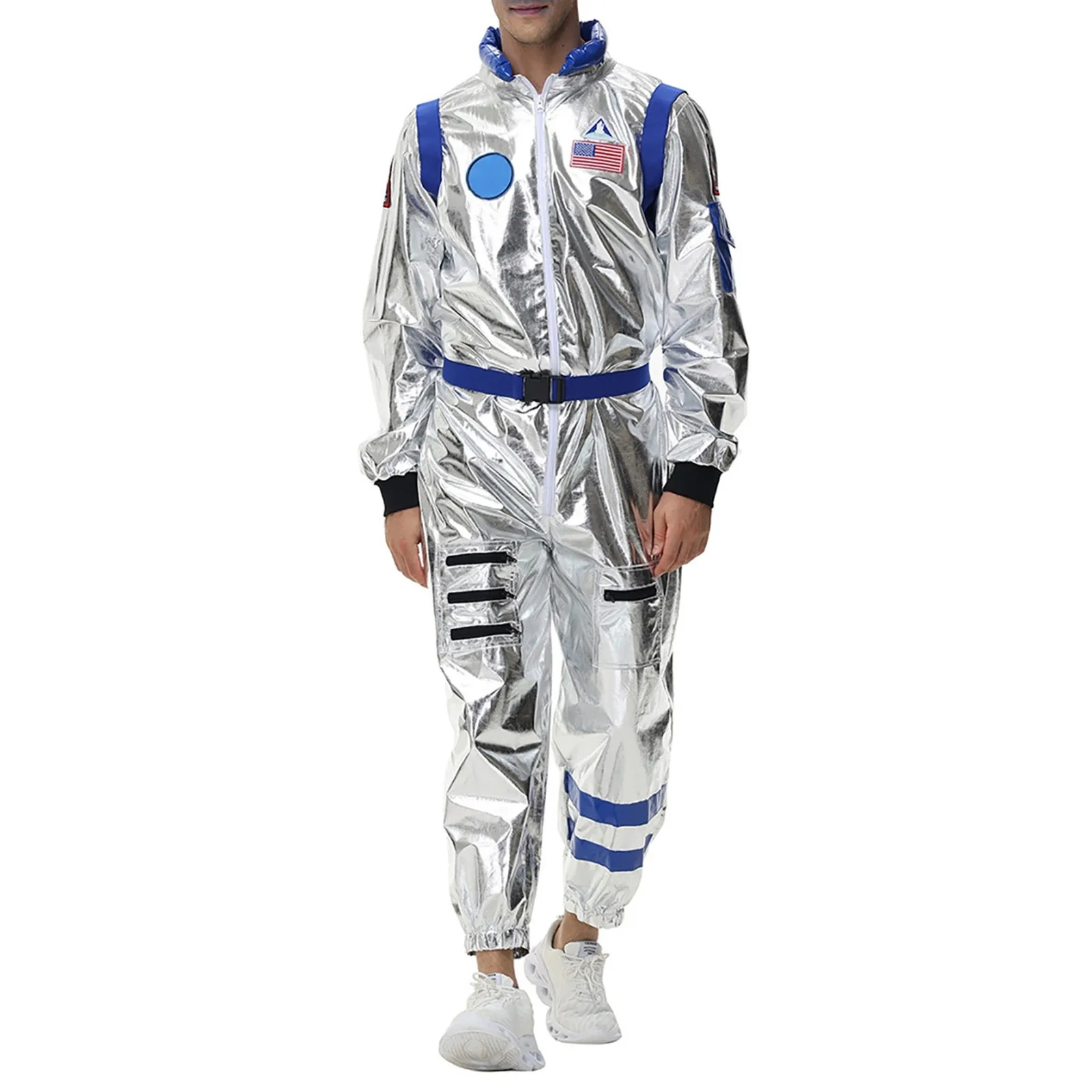 

Men Jumpsuit Space Suit Outfit USA Flag Stage Performance Carnival Party Silver Men Overall Halloween Astronaut Cosplay Costume