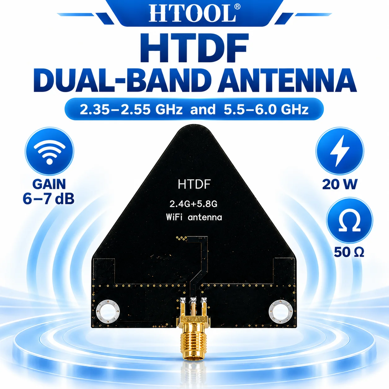 HTOOL HTDF Dual Band Linear Polarized Antenna, 2.35 to 2.55 GHz and 5.5 to 6.0 GHz, 6 to 7 dB Gain, SMA Female for RF Testing