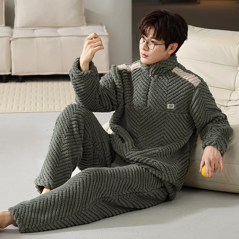 Winter Men's Pajamas Homewear Suit New Coral Fleece Warm Long-Sleeved Spring Autumn Fashion Warm Men's Flannel Homewear Dropship