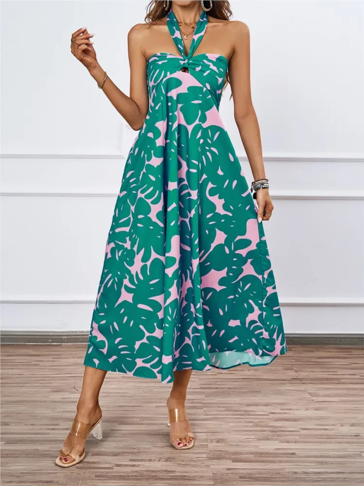 

Summer Women's Clothing New Fashion Vacation Floral Print Sexy Hollow Lace Hanging Neck Big Swing Dress For Women