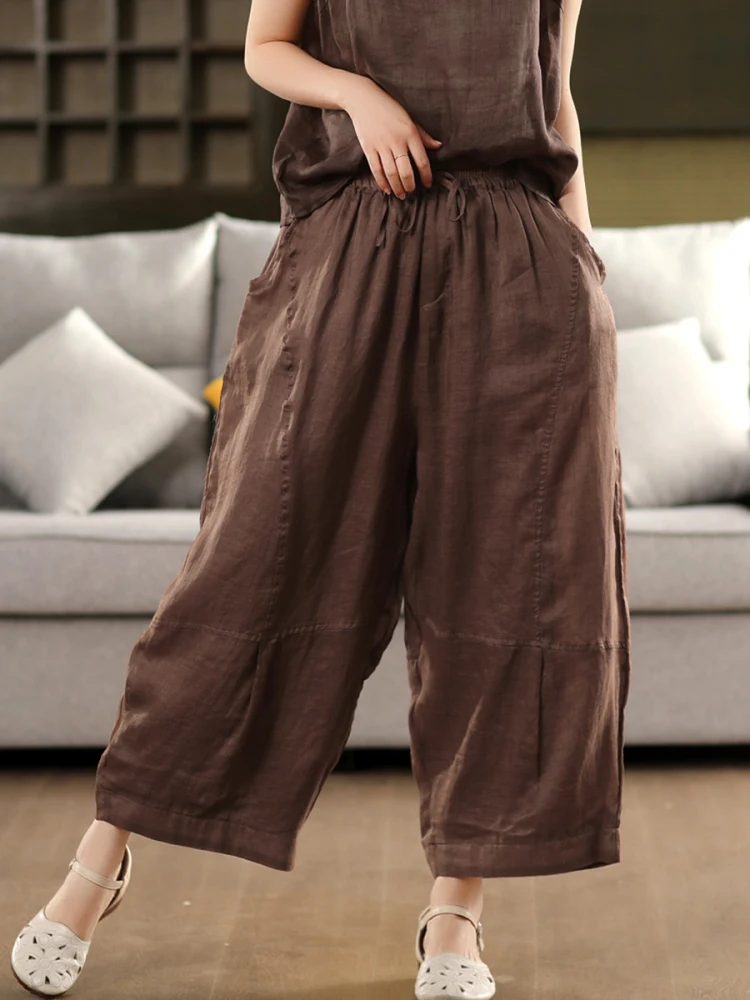 

Свободные хлопковые льняные брюки-фонарики для женщин, повседневные шаровары с удобной эластичной талией, на хлопковой подкладке, для работы и отдыха
