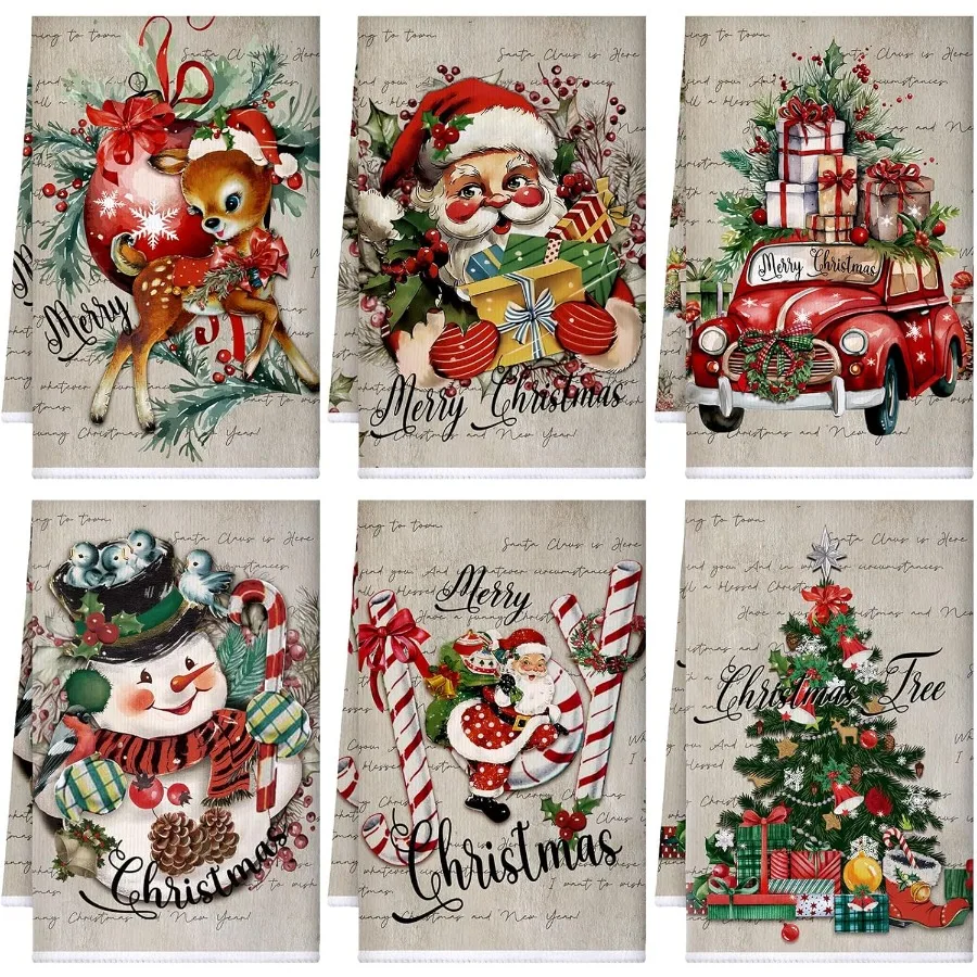 

6 Pcs Vintage Christmas Kitchen Towels Christmas Dish Towel Set Absorbent Soft Microfiber Farmhouse Gray Winter Santa Snowman H
