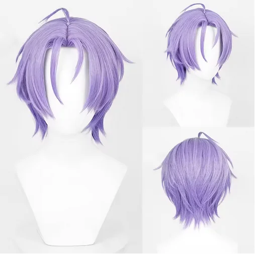 Purple Short Straight Synthetic Wig Middle Part Anime Game Cosplay Fluffy Heat Resistant Wig for Daily Party