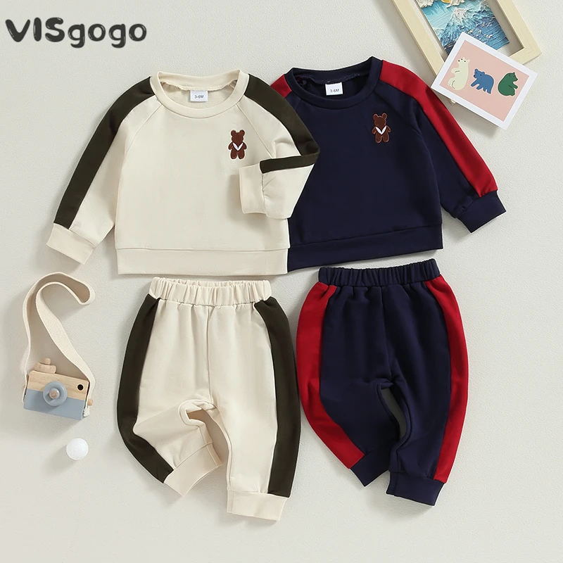 

VISgogo 0-24M Baby Boy Clothes Fall Outfits Long Sleeve Crew Neck Bear Embroidery Sweatshirt Sweatpants Set Toddler Tracksuit