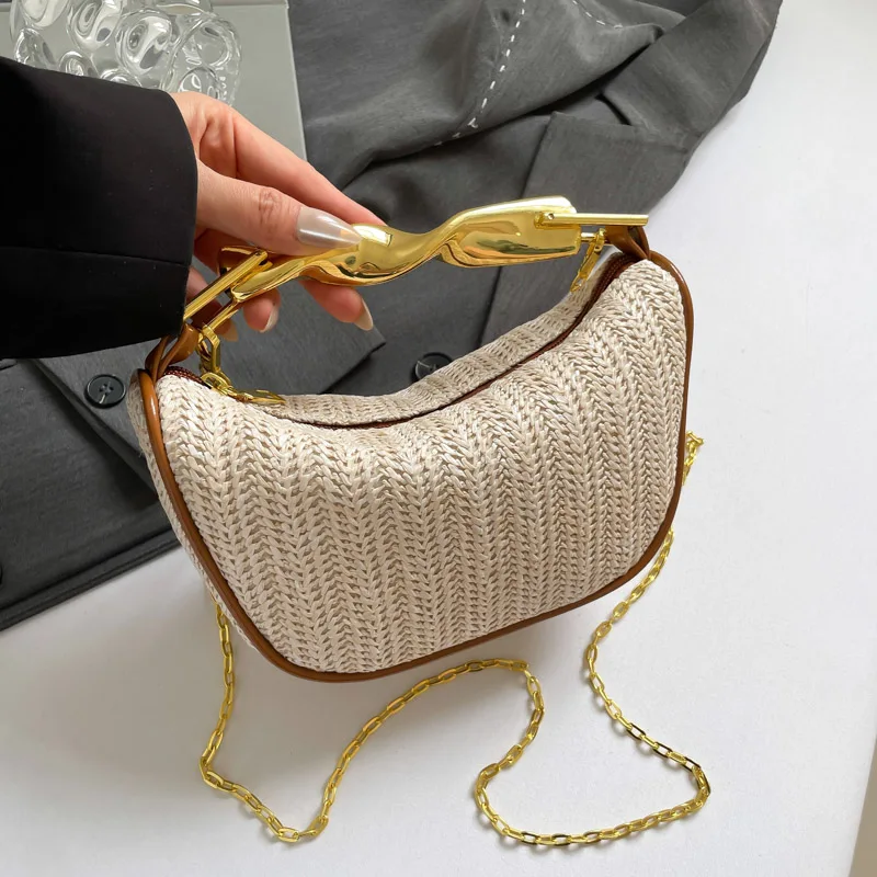 

New Fashion Summer Straw Shoulder Bag Women Half Moon Small Beach Bag Metal Handle Handbag Casual Female Cross Body Bag