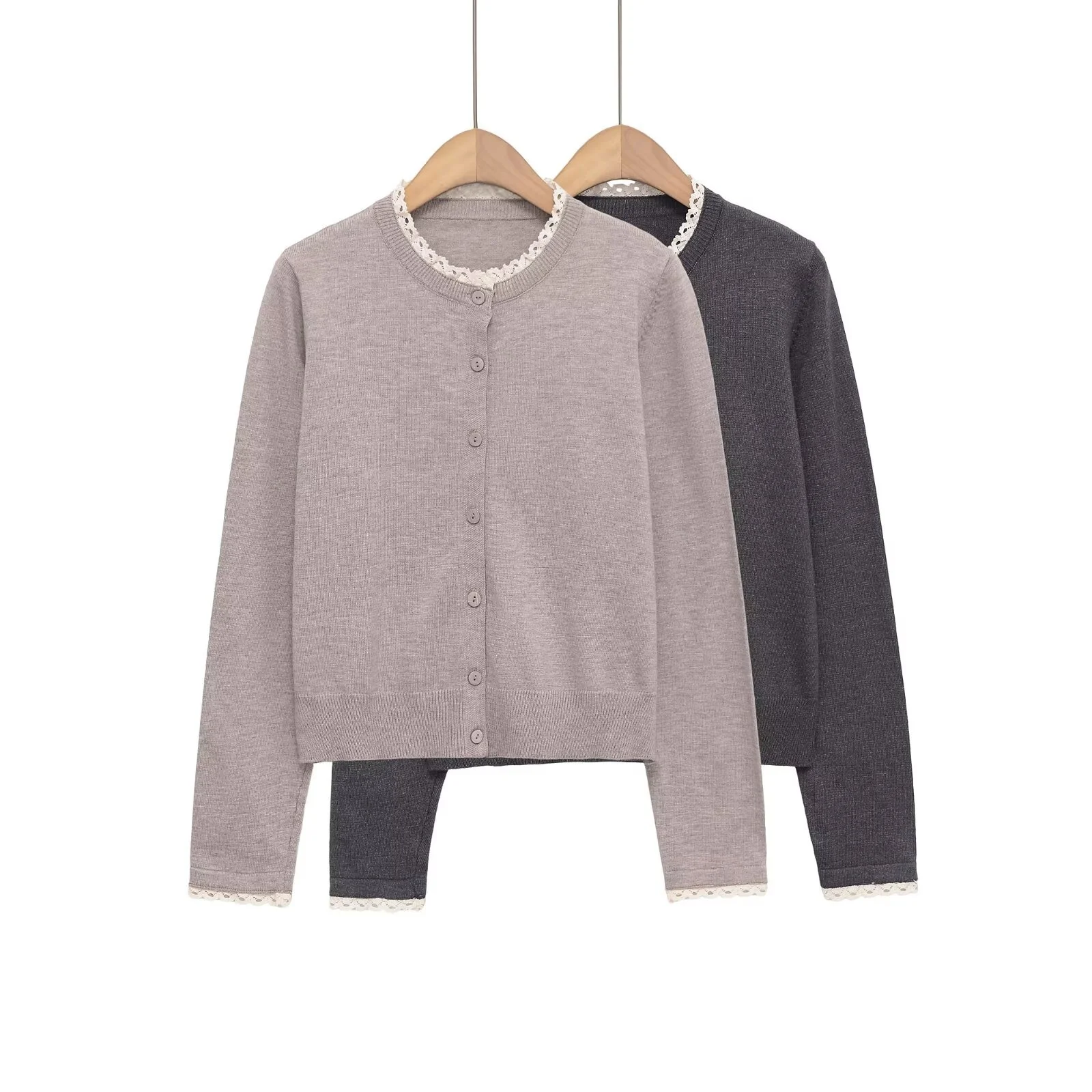 

2025 Winter New Women's Casual Fashionable Simple Elegant Versatile Lace-trimmed Knitted Round Neck Long Sleeve Jacket