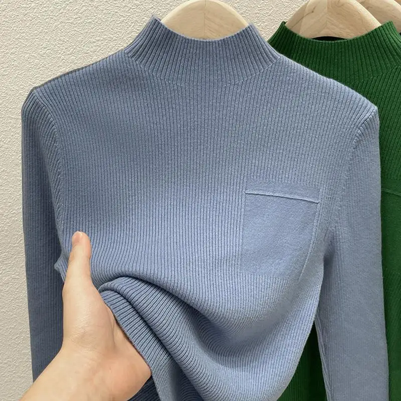 Women Korean Sweater 2024 Autumn Winter Half High Collar Knitted Pullover All-Match Soft Solid Colors Long Sleeve Jersey Sueter