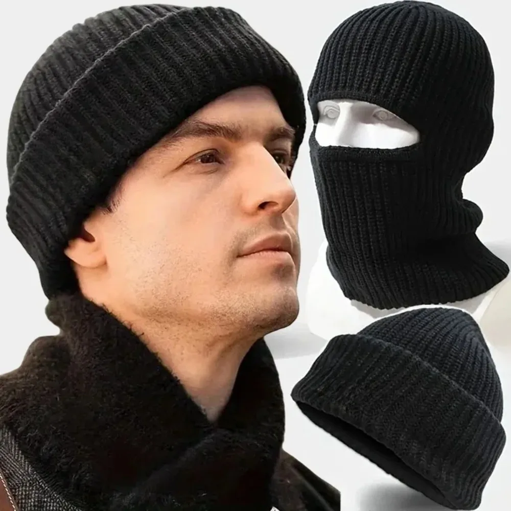 

2In1 Mask Beanies Hat Kintted Thicken Winter Ski Balaclava Full Face Mask Thermal Windproof Coldproof Running Earmuffs Hat