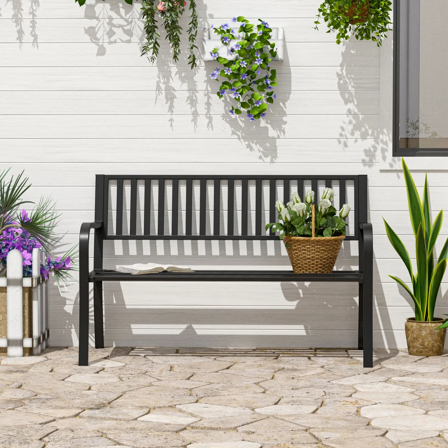 

Outdoor bench courtyard steel garden furniture deck porch seat backyard park chair-