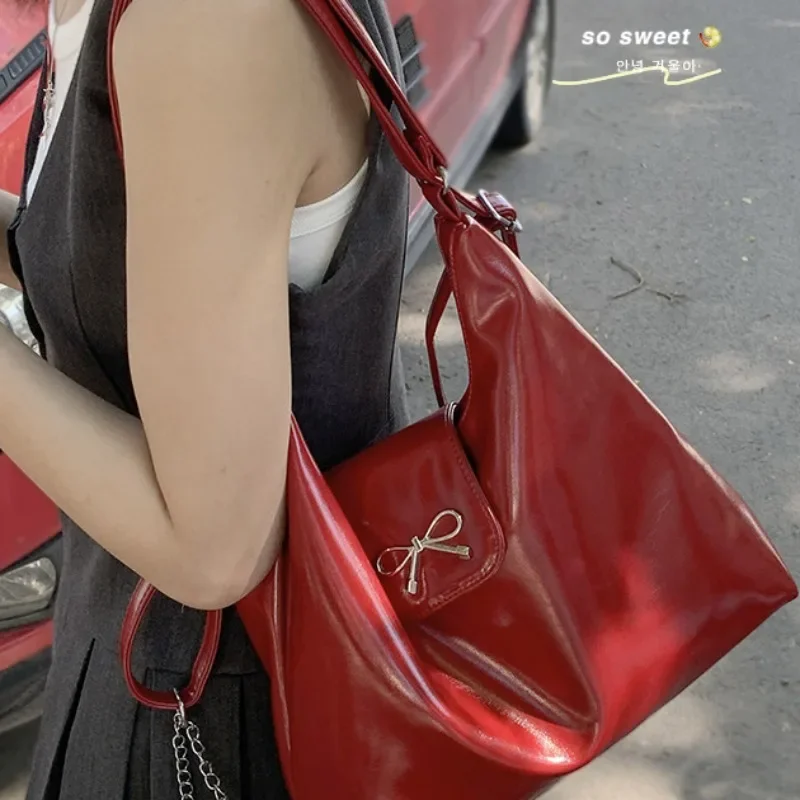 Fashion Bow Wine Red Single Shoulder Crossbody Bags 2024 New Trendy Niche Underarm Coin Purses Solid Versatile Female Handbags