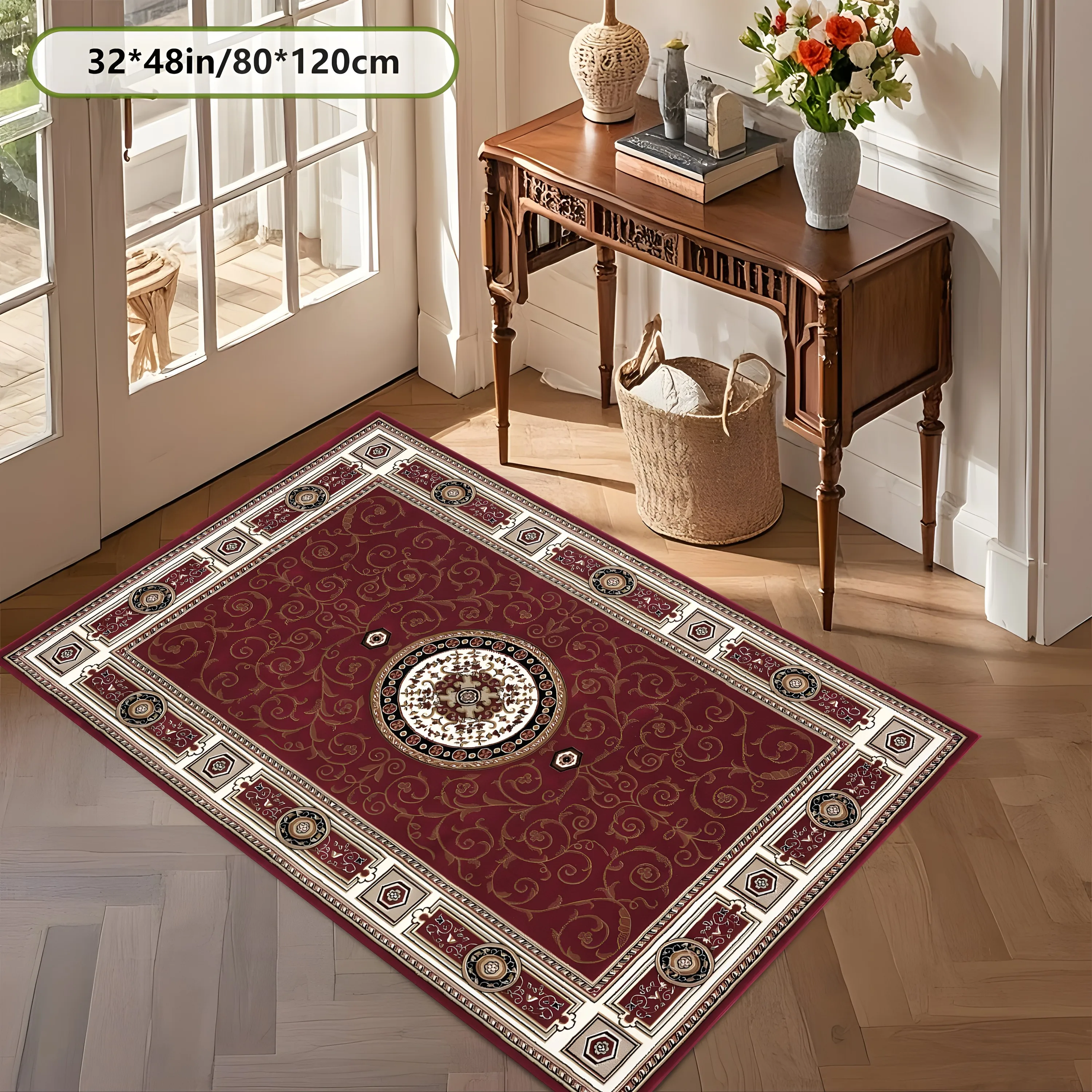 2D Carpet with Wine Red Circular Retro Totem Pattern in European Light Luxury Style for Living Room, Bedroom, and Coffee Table