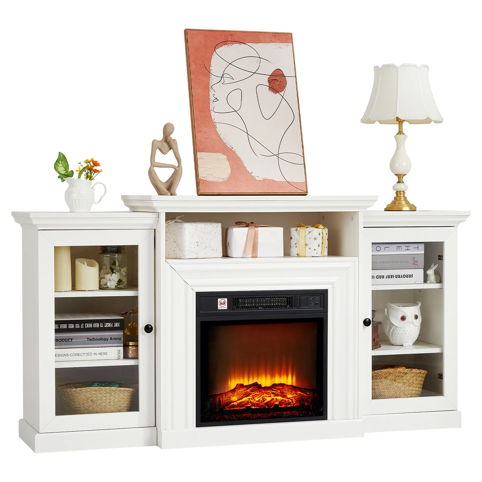 60 Inch Electric Fireplace With Mantel Remote Control Adjustable Flame Brightness 0.5-6H Timer Realistic Log Effect And Built-In Shelves For A Warm Atmosphere