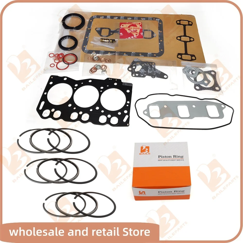 For Yanmar 3TNE68 Full Gasket Kit With 3 Cylinders Piston Ring 68*1.5HK+1.5+3mm Cylinder Head Gasket Overhaul Rebuild Kit Engine