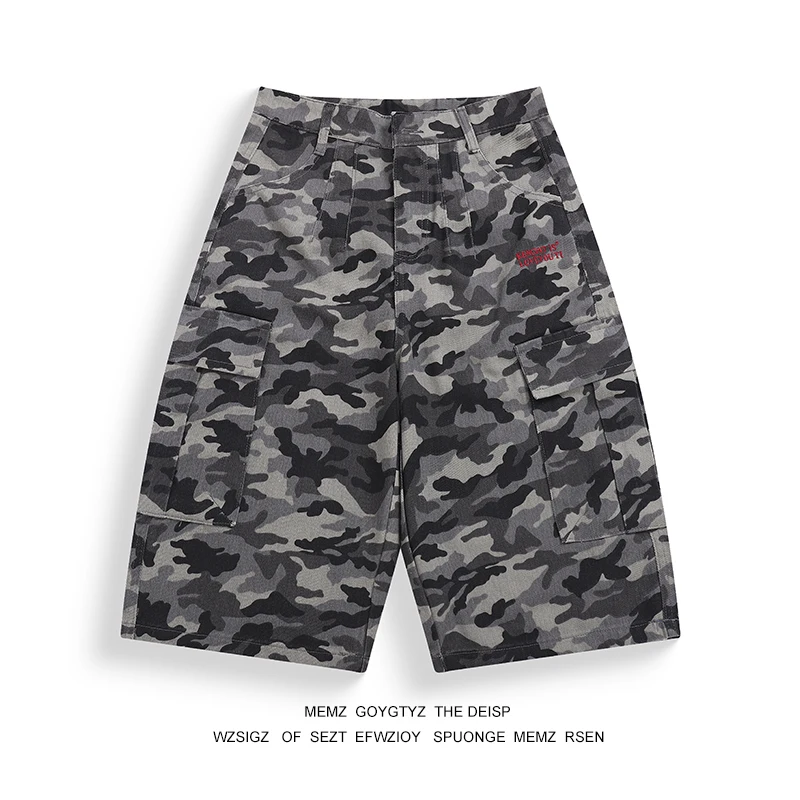 

Memz American Retro Washed Camouflage Large Pocket Workwear Seven-Foot Pants Loose Wide Leg Straight Short Trousers for Men A...