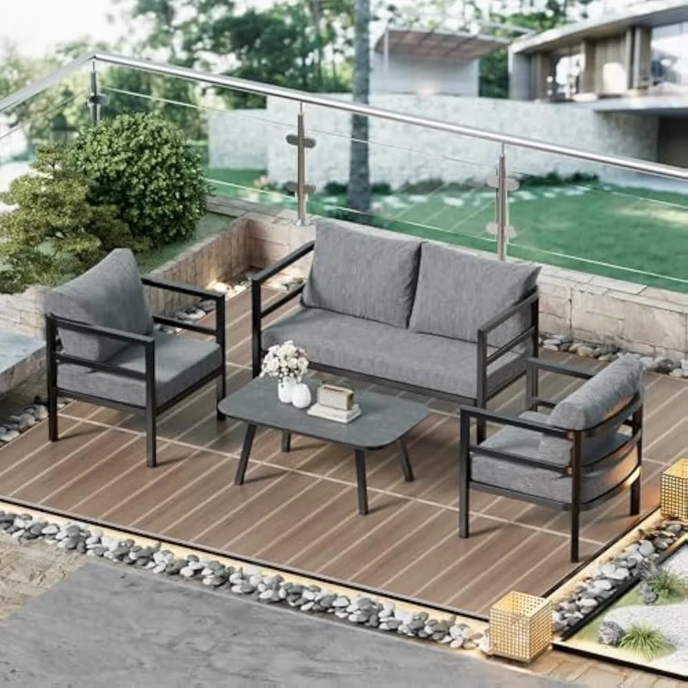

Outdoor Aluminum Patio Furniture Set,4 Pcs Modern Outdoor Furniture, Metal Patio Conversation Sets for Deck, Backyard