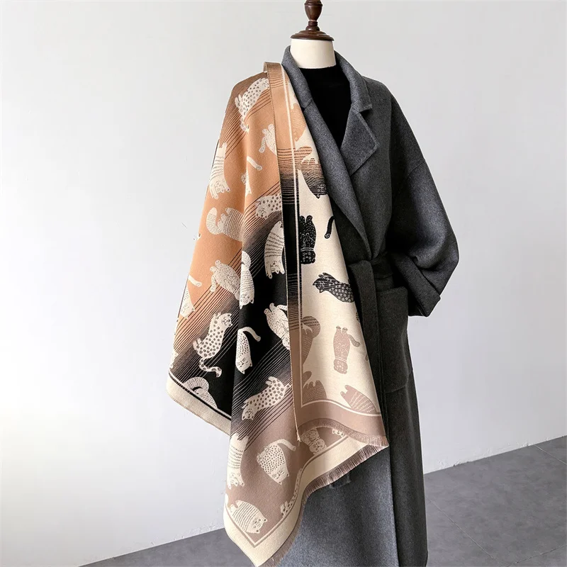 Women Winter Cashmere Scarf 2024 Cat Pashmina Luxury Brand Shawls and Wraps Bufanda Hijab Travel Stoles Echarpe Warm Blanket