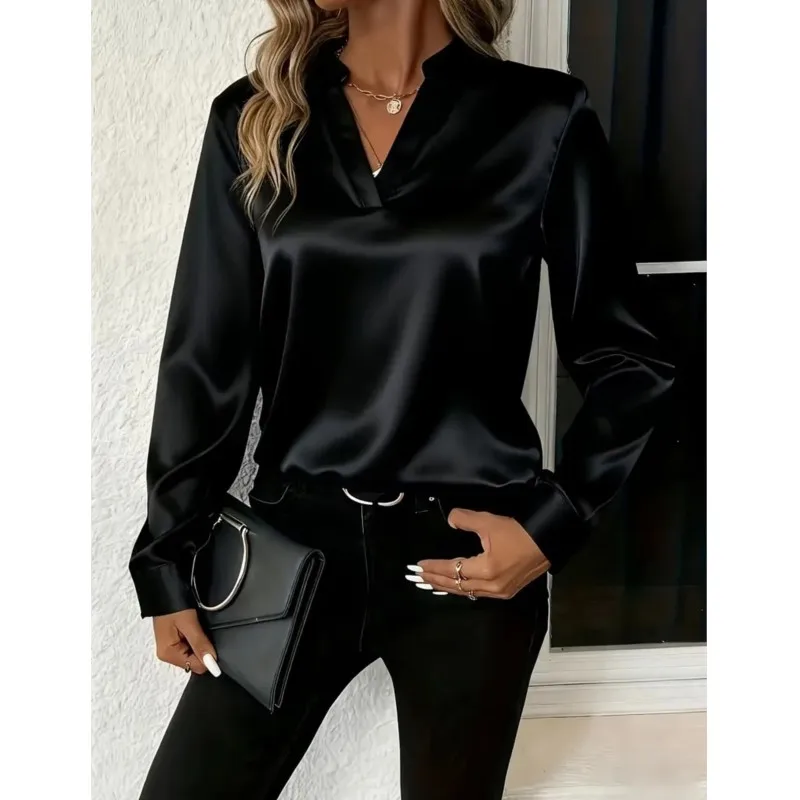 Simples elegante camisa feminina primavera outono cetim cor sólida com decote em v manga comprida camisa solta blusa deslocamento para roupas femininas