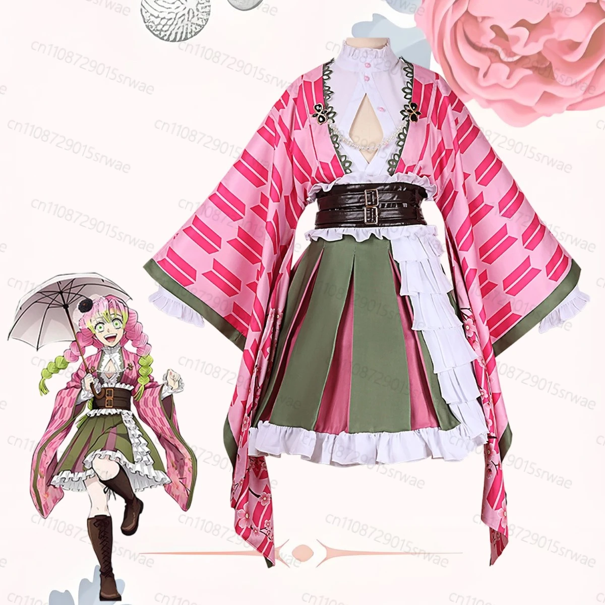 

Anime Demon Killer Cosplay Costumes Pink anniversary Dress Outfits Kanroji Mitsuri Cosplay Kimono Costume Female Party Dress
