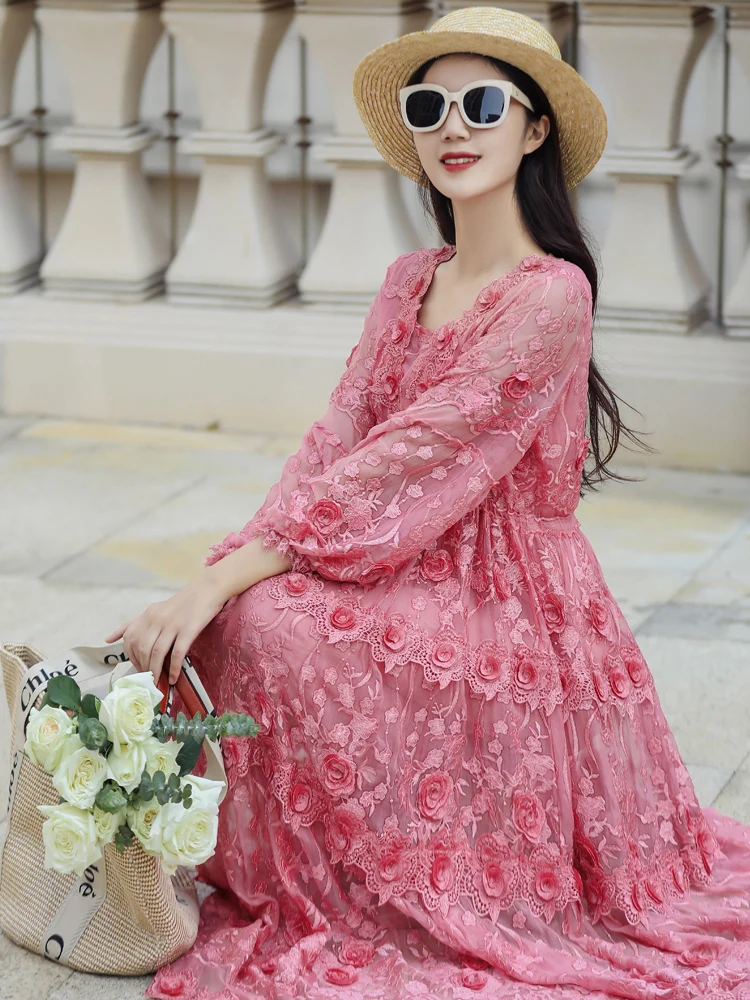 Spring New High-End V-Neck Female Coffee Pink Silk Three-Dimensional Embroidery Waist Adjustable Elegant Long Dress One Size