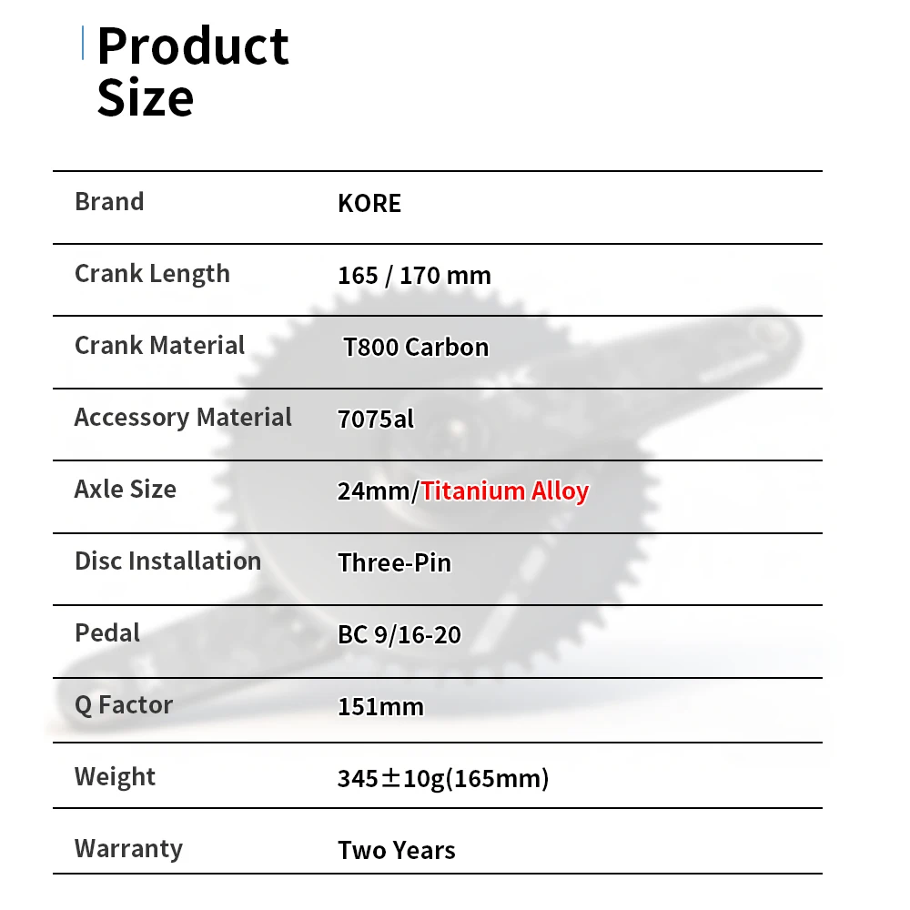 KORE 345g Ultra-Light Carbon Crankset T800 Carbon 24mm Titanium