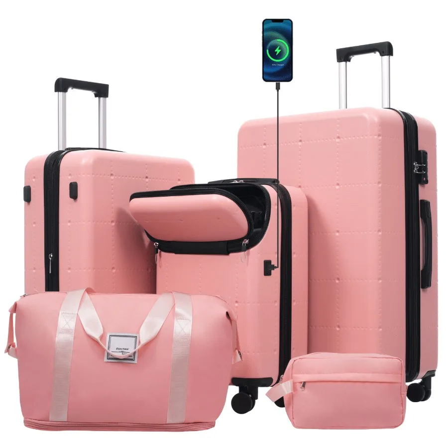 

Hardside Luggage Set 5 Piece for Travel, Polycarbonate, Black, Lightweight with USB Port, Expandable, Double Spinner Wheels, TS