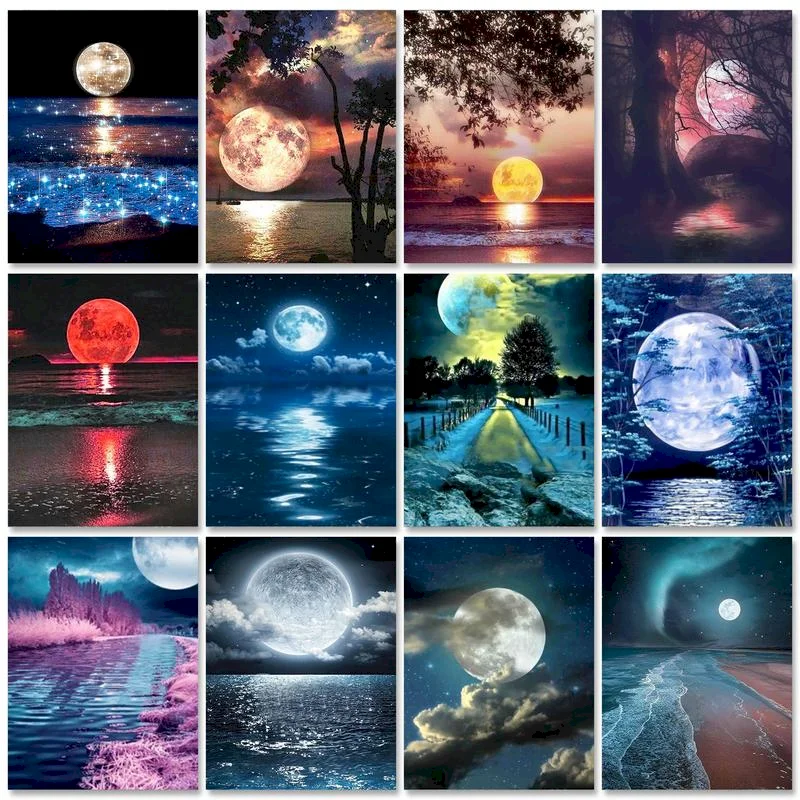 Framed Paint By Numbers Pictures For Adults Moon On Diamond Landscpae Digital Coloring Drawing Oil Paintings By Number Home De