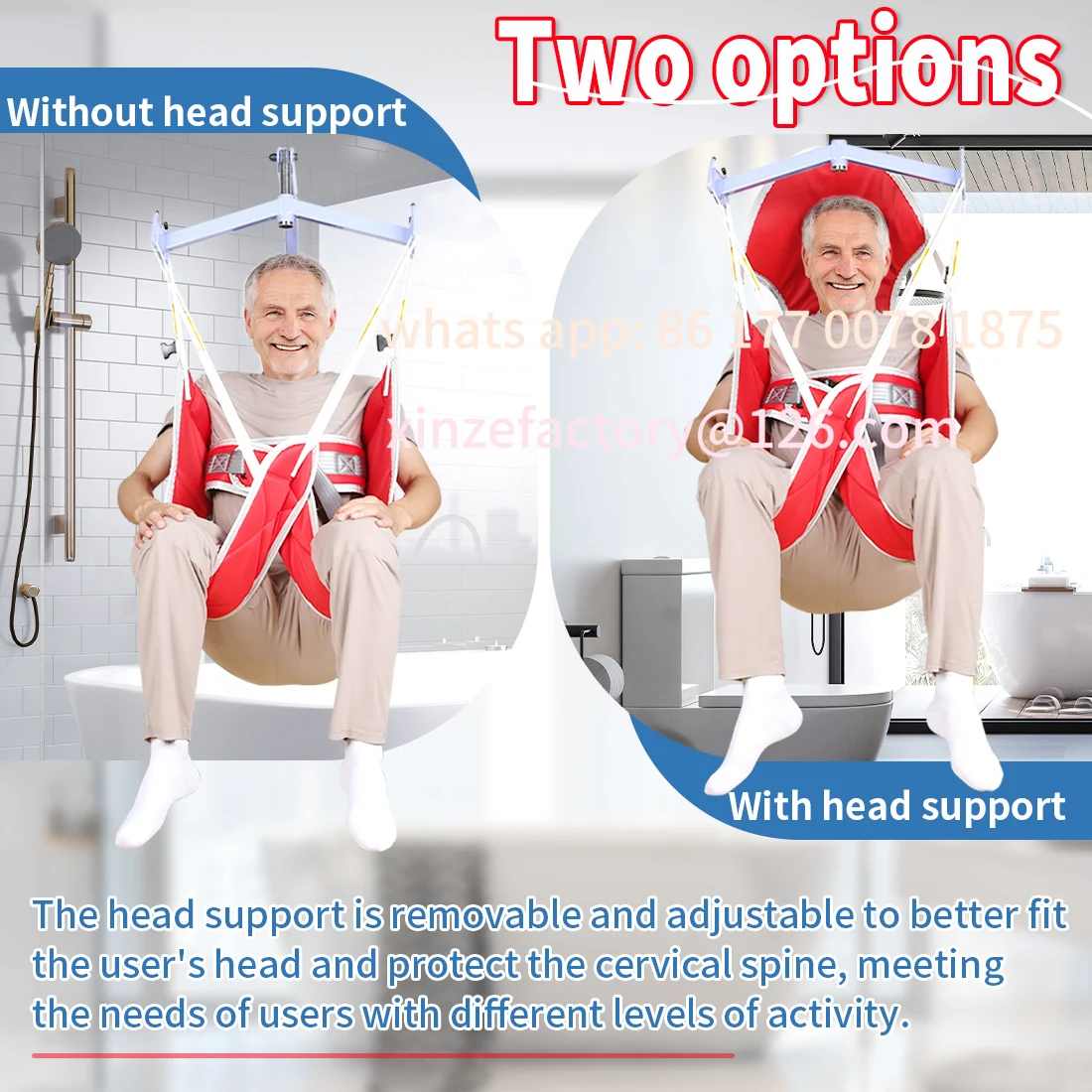 Customizable Patient Harness Lift Hygiene Sling Medical Hoist Elderly Transfer Commode Toileting Aid with Head Support