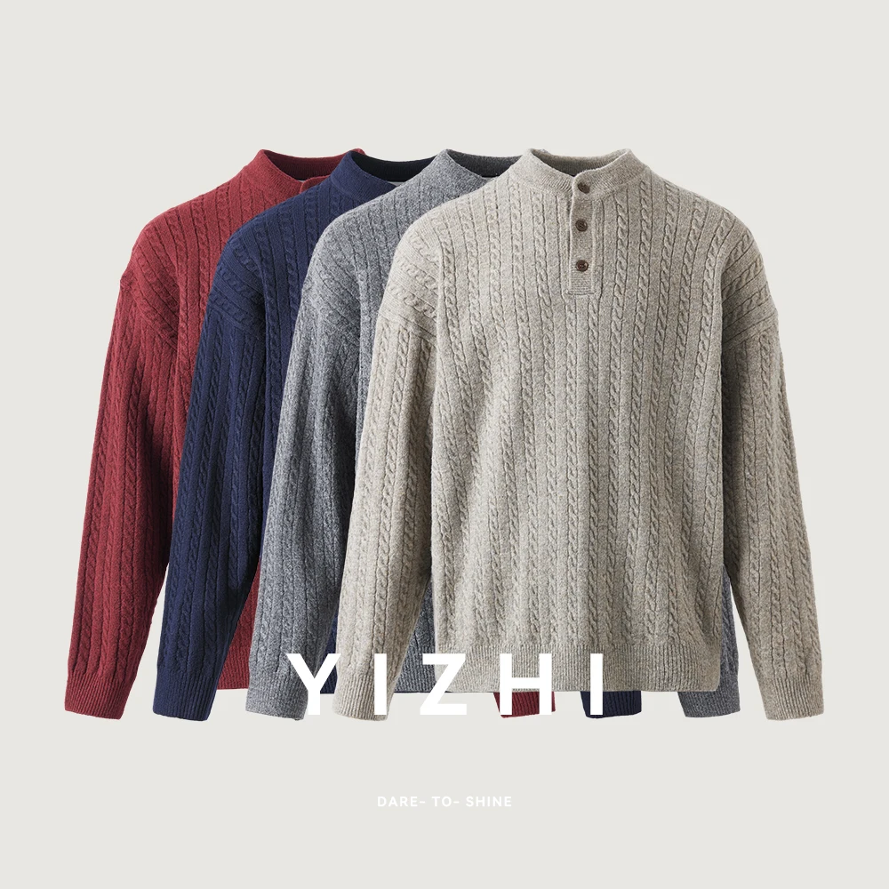 

Модный высококачественный свитер с воротником Генри, мужской осенне-зимний свитер 2025, новый свободный свитер с ленивой текстурой, топ