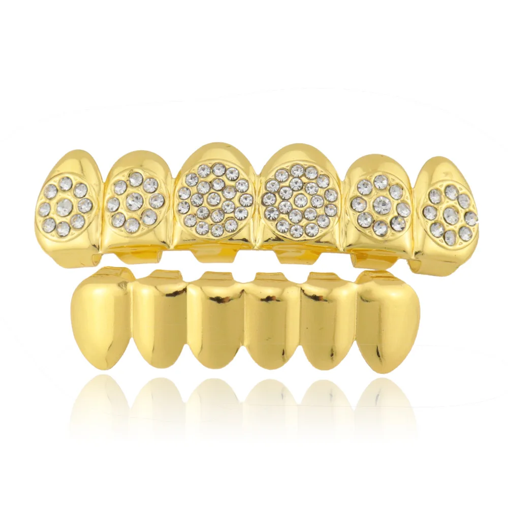 Juego de Grillz Dental chapado en oro, tapas de dientes de cristal, estilo Hip Hop, ideal para regalo de Halloween