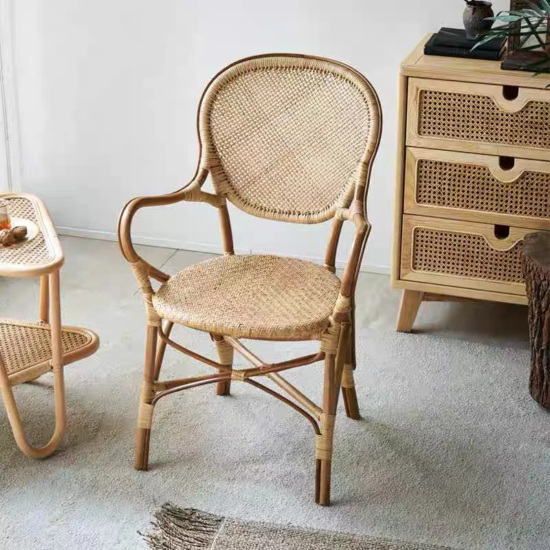 

Indonesian natural single sofa chair Nordic restaurant leisure recliner B & B home rattan armrest back dining chair