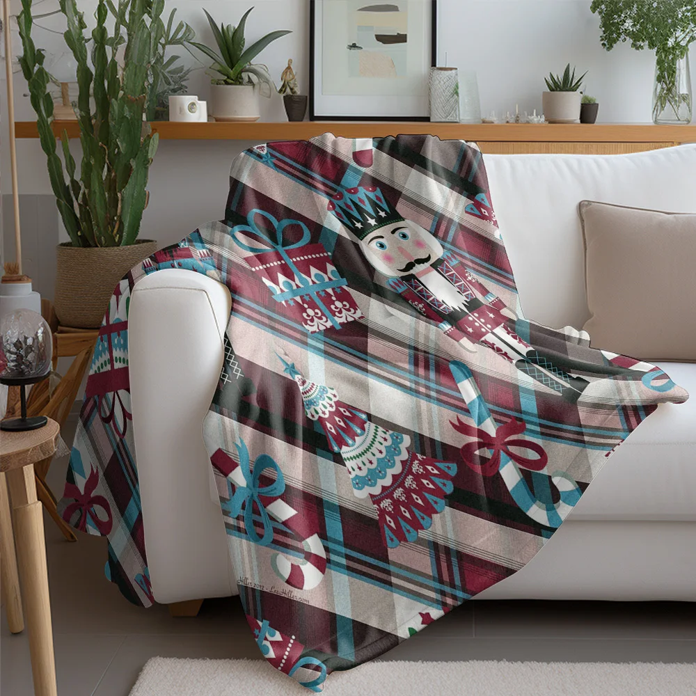 Classic Christmas Fleece Blanket with Nutcracker and Tree, Red Blue Plaid Pattern, Soft Plush Throw for Holiday Sofa Decor