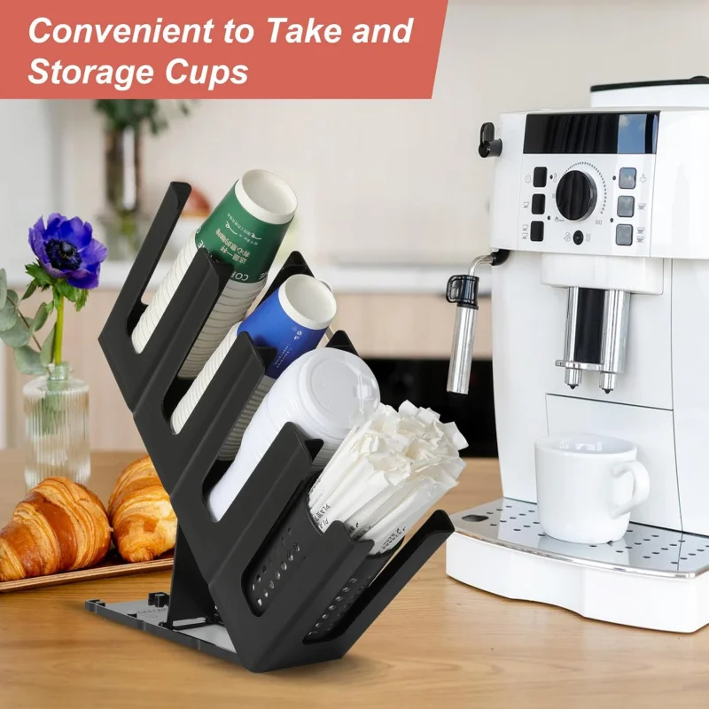 

Держатель для бумажных стаканчиков и крышек с органайзером для соломинки, регулировка 4 отделения, диспенсер для кофейных чашек на столешнице, кофейная станция, бар Re