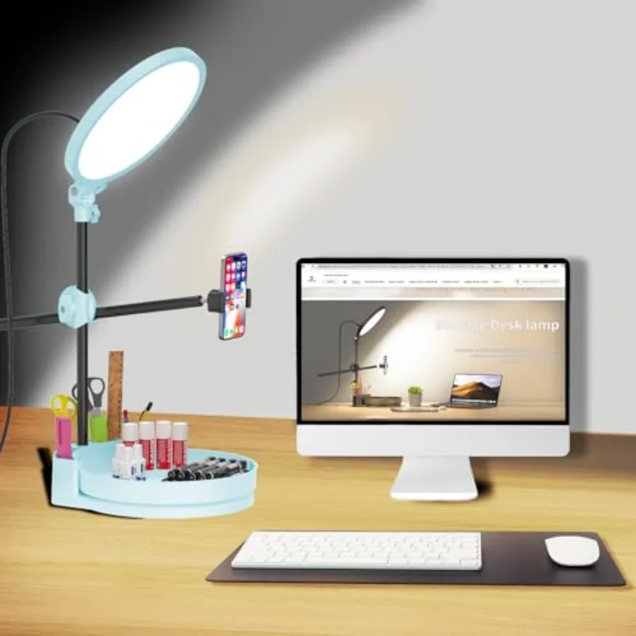 

Selfie Light Kit for Desk and Laptop55W Dimmable Full Screen Ring Light with Rotating Storage Box Pen Holder Stand Phone Holder