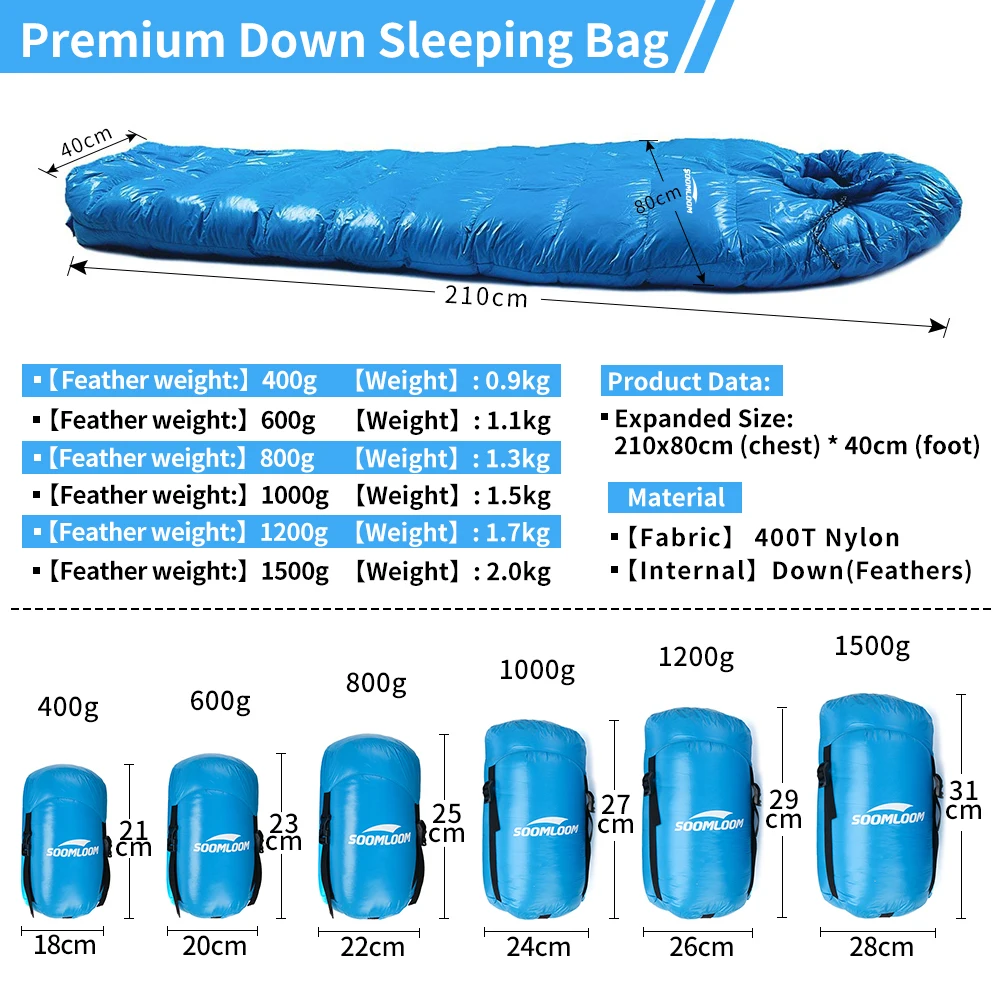 Soomloom Keep Warm Down Filled Adult Mummy Style Sleeping Bag for Winter Outdoor Camping Travel Winter Thermal Sleeping Sack